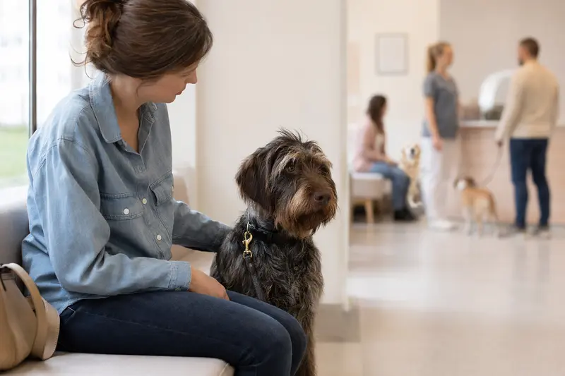 Ein Griffon Nivernais sitzt ruhig neben seinem Besitzer im hellen Wartezimmer einer modernen Tierarztpraxis.